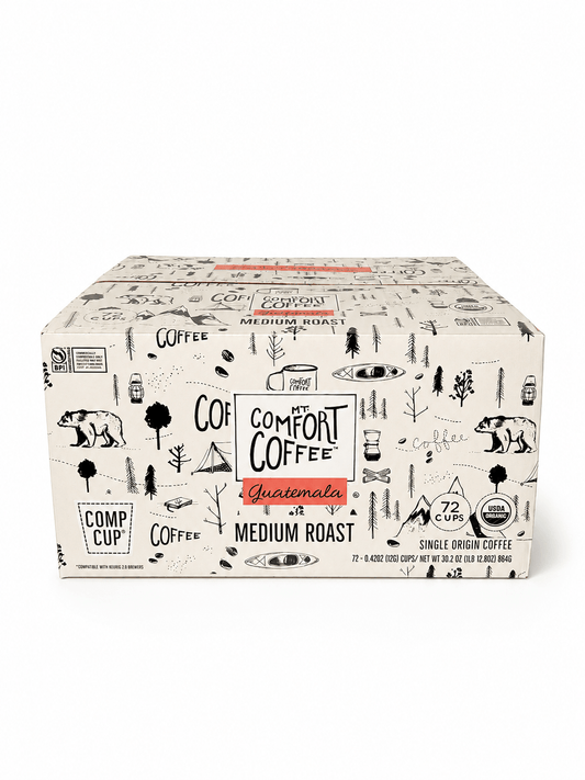 Box of organic Guatemalan medium roast bulk coffee pods by Mt. Comfort Coffee