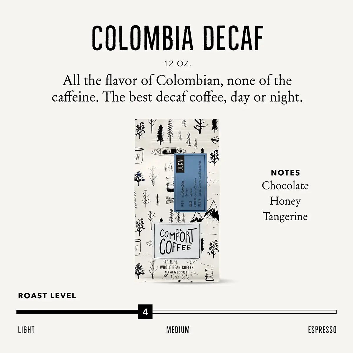 Flavor Notes of Colombia Decaf Coffee by Mt Comfort 12oz, Light-Medium Roast with Notes of Chocolate, Honey, Tangerine