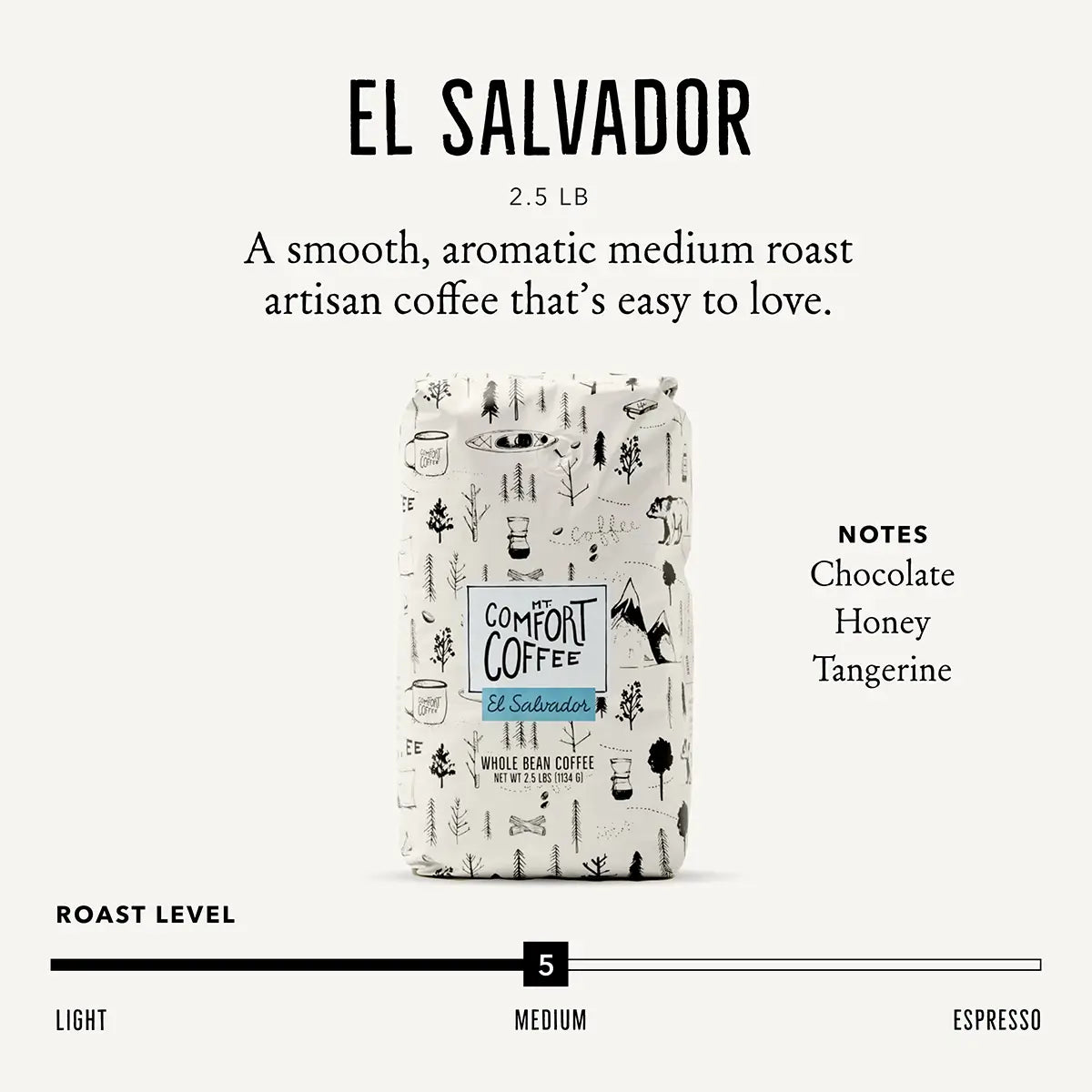 El Salvador 2.5lb Mt Comfort Coffee beans bulk bag notes chocolate, honey, tangerine medium roast