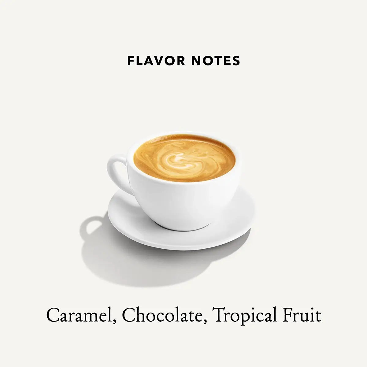 Graphic describing flavor notes for Mt Comfort Colombia Decaf Coffee: Caramel, Chocolate, Tropical Fruit