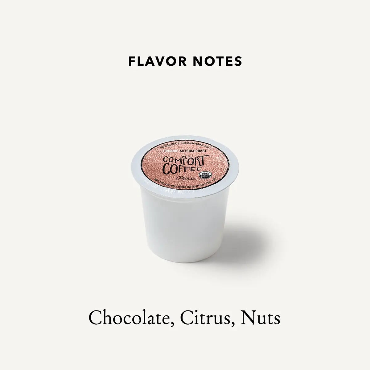 Graphic with Mt Comfort Coffee Organic Coffee Pods Flavor Notes: Chocolate, Citrus, Nuts