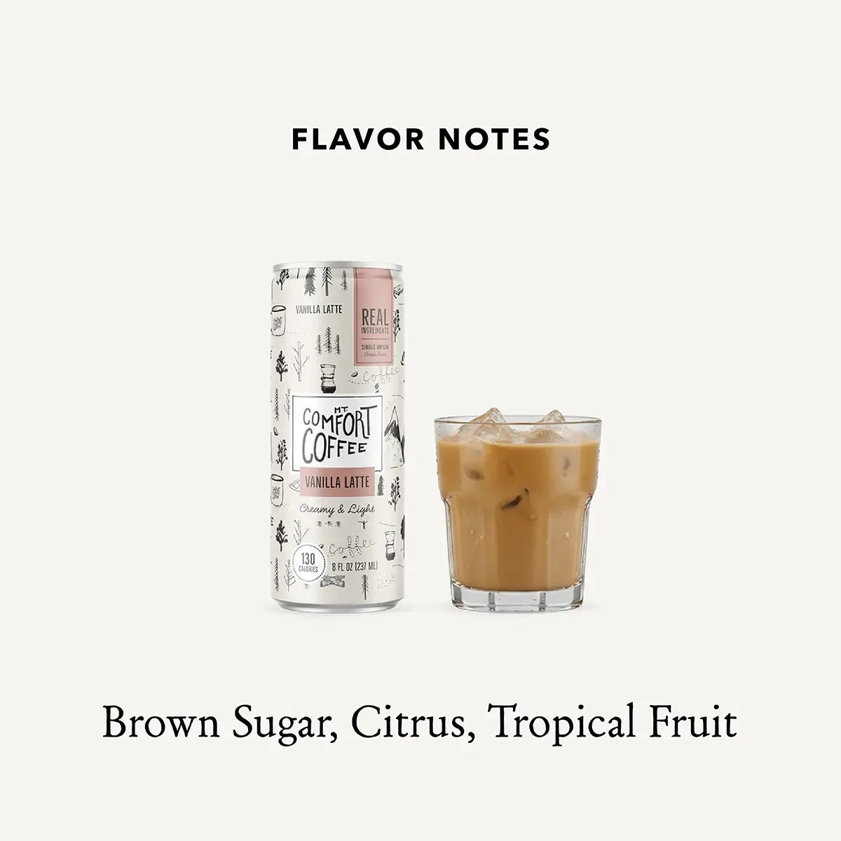 Flavor notes for Mt. Comfort Coffee Canned Vanilla Latte - brown sugar, citrus, and tropical drio