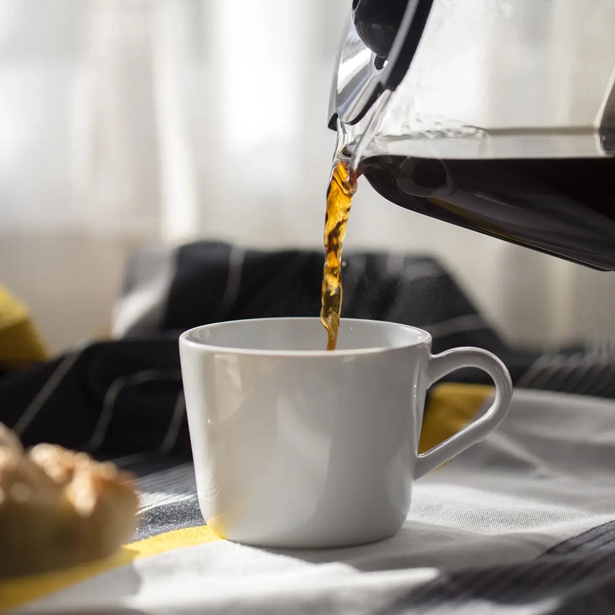Pouring Colombia Decaf Coffee by Mt Comfort 12oz, Light-Medium Roast with Notes of Chocolate, Honey, Tangerine