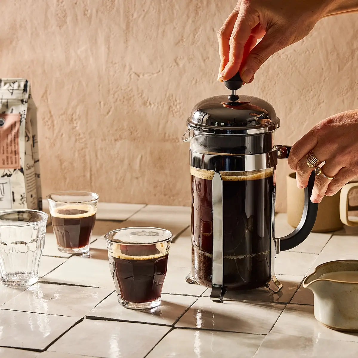 French Press Coffee made with Mt Comfort's Organic Peruvian Coffee