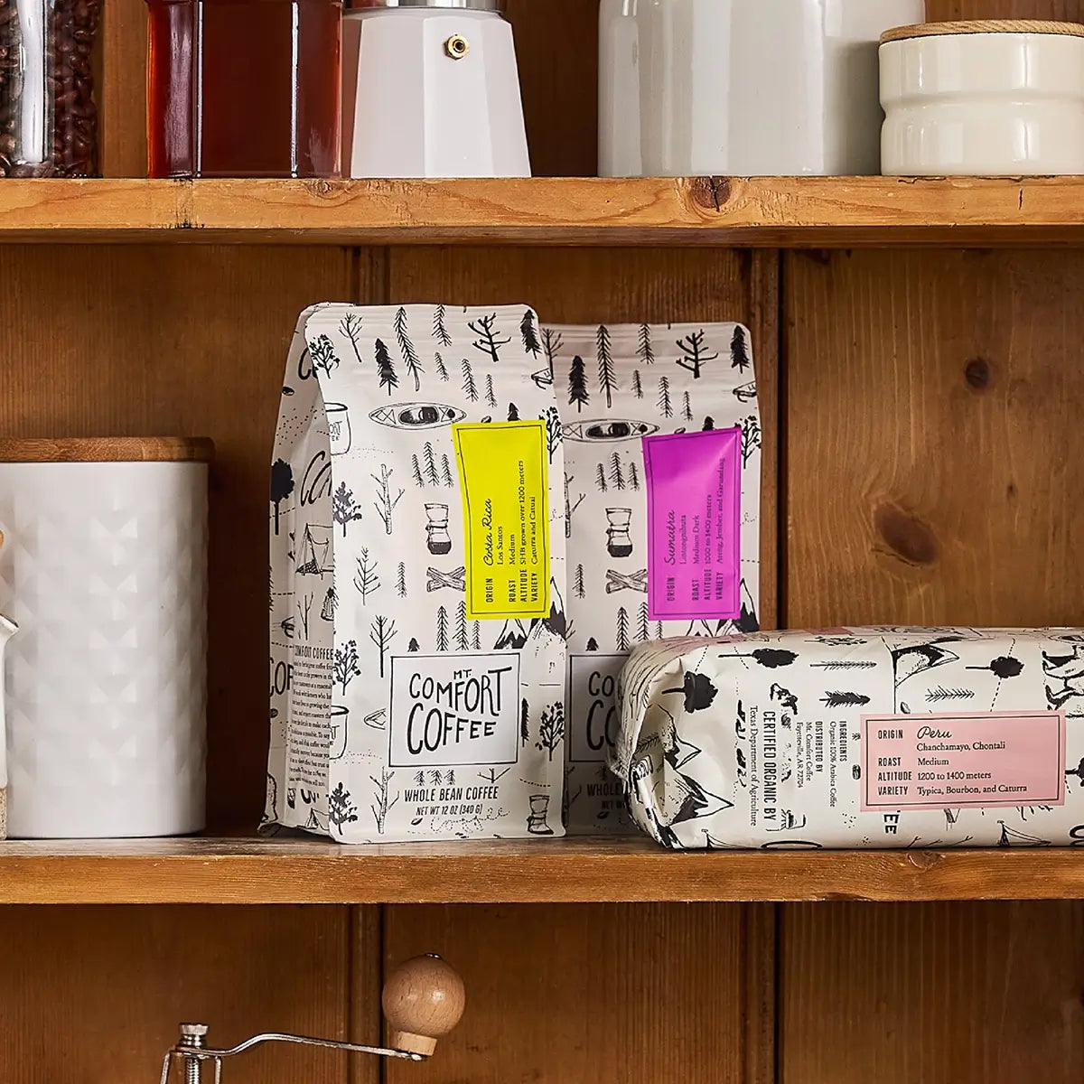 Shelf Featuring Mt Comfort Coffee Sumatra & Costa Rican Whole Bean Coffees