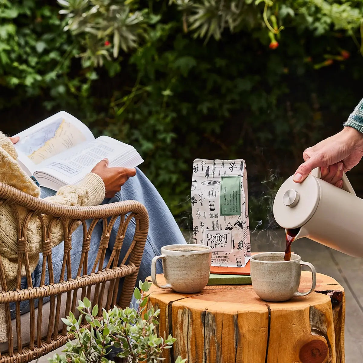 Pouring a cup of Mt. Comfort Coffee Viennese roast