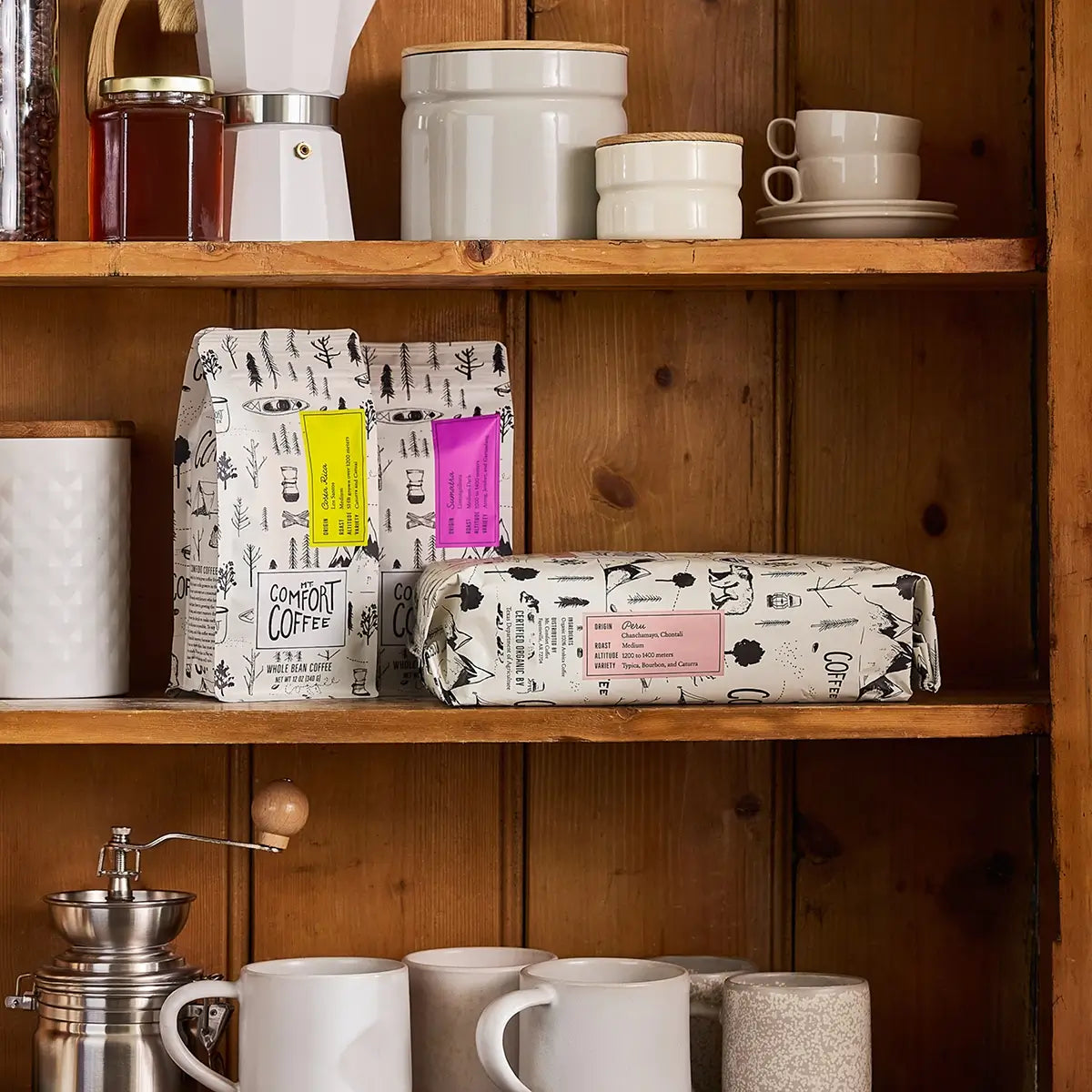 Shelf displaying Mt. Comfort Coffee Bundle
