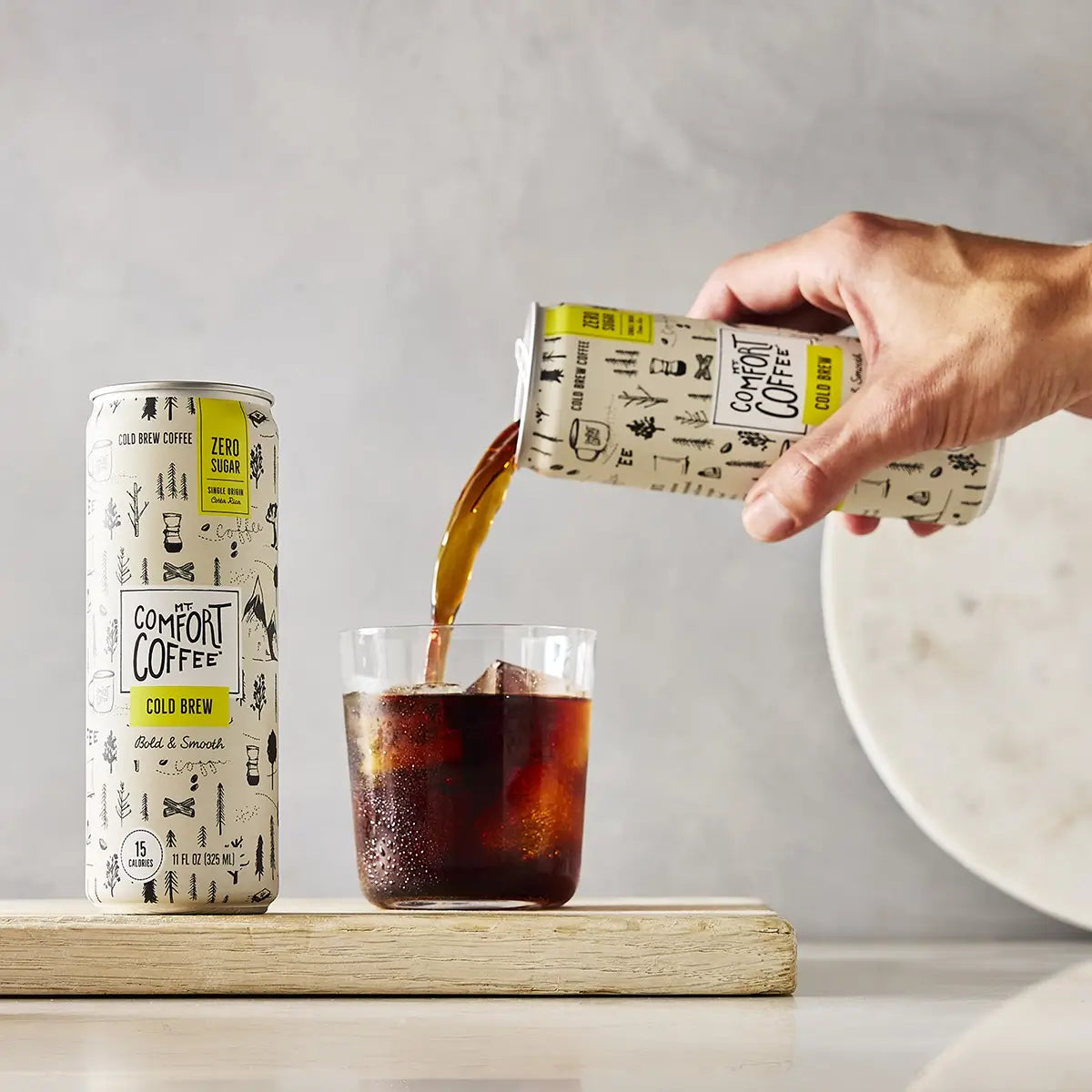 Mt. Comfort Canned Cold Brew Being Poured Into Glass