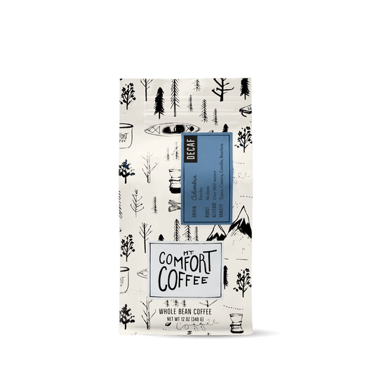 Packaging of Mt Comfort Coffee's Colombia Decaf Coffee Medium Roast, illustrated bag