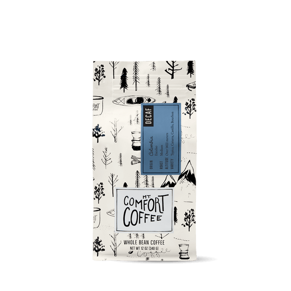 Packaging of Mt Comfort Coffee's Colombia Decaf Coffee Medium Roast, illustrated bag