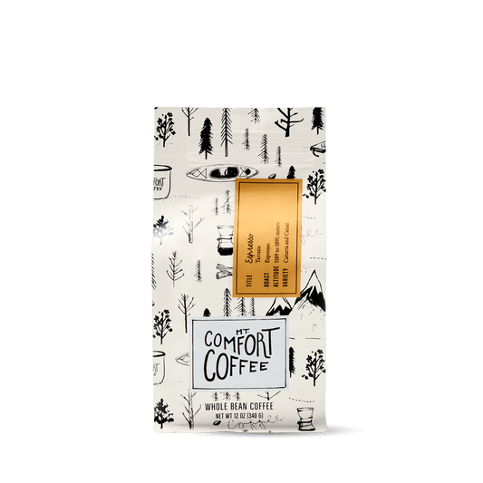 Bag of Mt. Comfort espresso beans - shop whole bean coffee espresso blend
