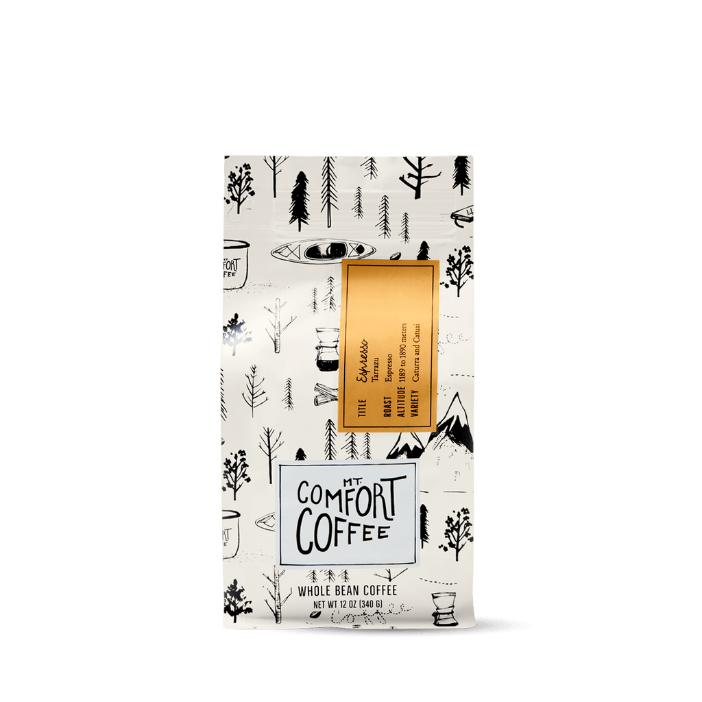 Bag of Mt. Comfort espresso beans - shop whole bean coffee espresso blend