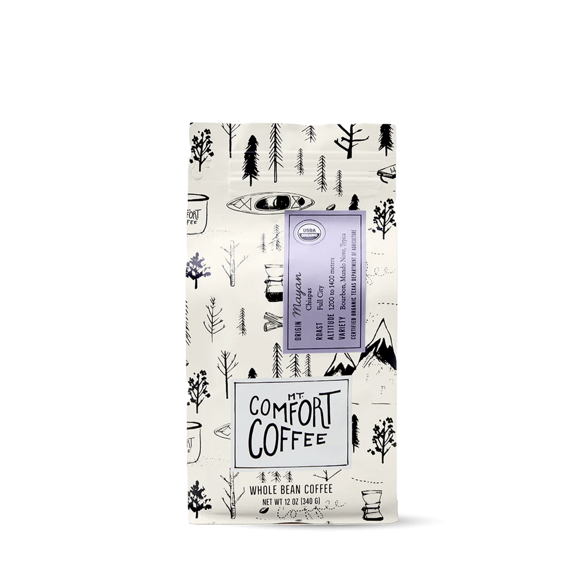Packaging for Mt Comfort Single Origin Organic Coffee Mayan Full City Roast