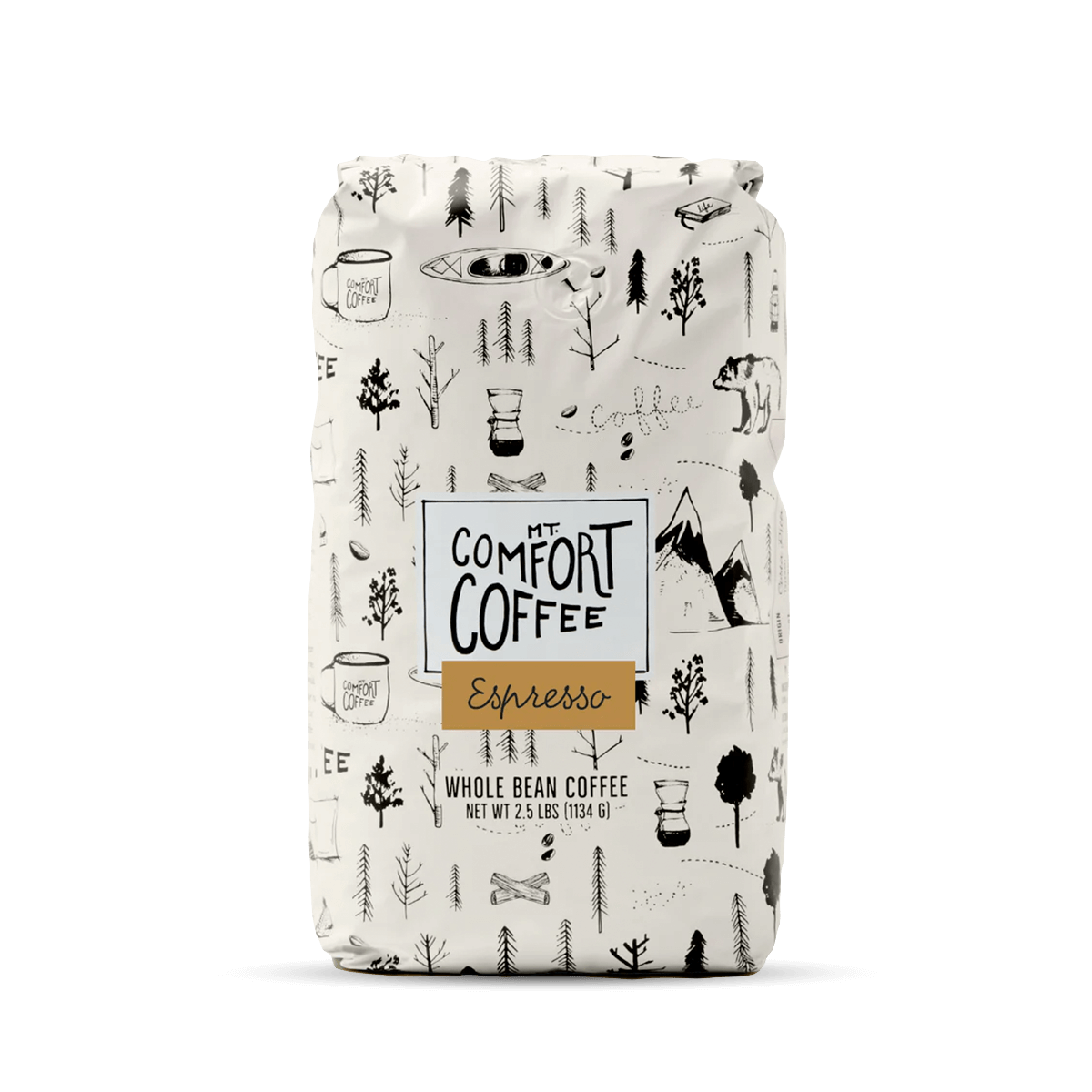 Packaged bag of Mt Comfort Coffee Espresso beans, whole bean coffee - 2.5lb bulk package