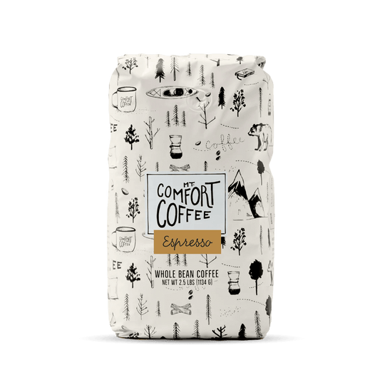 Packaged bag of Mt Comfort Coffee Espresso beans, whole bean coffee - 2.5lb bulk package
