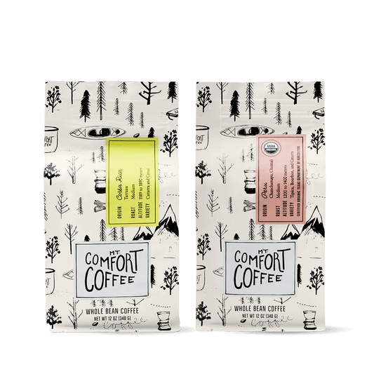 Save 10% Organic Peru Medium Roast 12oz + Costa Rica Medium Roast 12oz together in this bright and balanced coffee gift set. 
