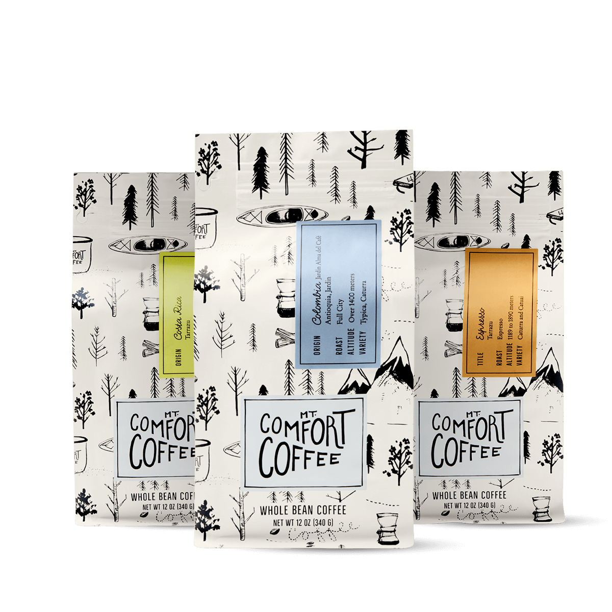 Specialty espresso set with three roasts: Espresso 12oz, Costa Rica French Roast 12oz, & Colombia Full City 12oz. Shop gifts for espresso lovers by Mt Comfort