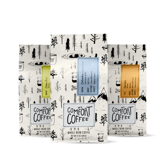 Specialty espresso set with three roasts: Espresso 12oz, Costa Rica French Roast 12oz, & Colombia Full City 12oz. Shop gifts for espresso lovers by Mt Comfort