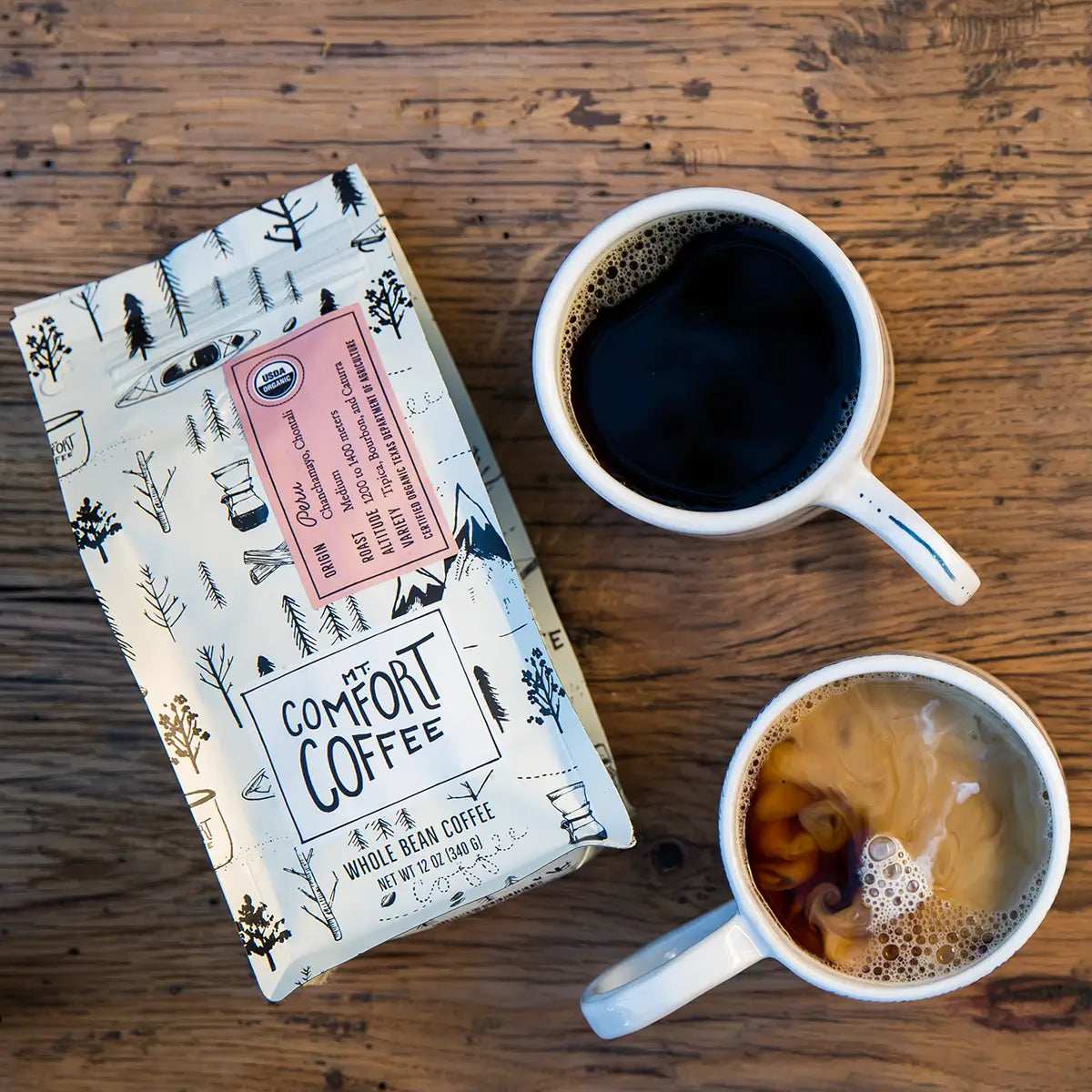 Two mugs of mt comfort's best coffee beans, organic peru roast