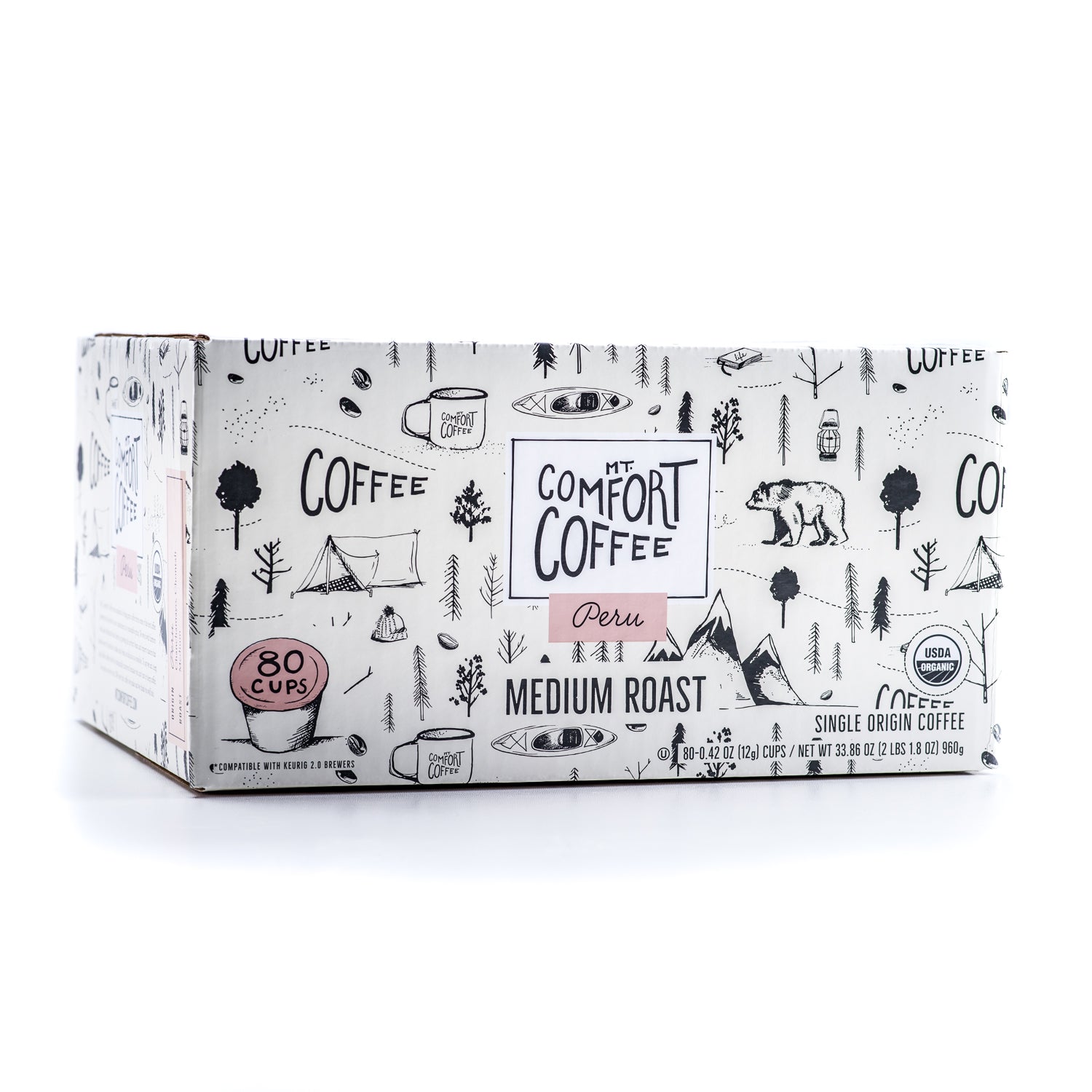 A box of Mt Comfort Organic Peru Medium Roast coffee pods with 80 single serve k- cups. The packaging has a black and white illustration theme with coffee plants, mountains, and the name of the coffee region.