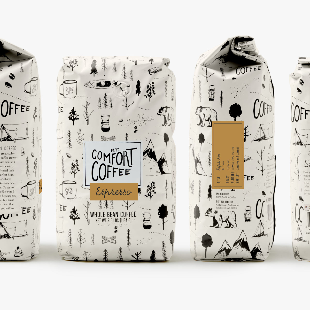 Packages of bulk 2.5lb bulk espresso beans from mt. comfort coffee