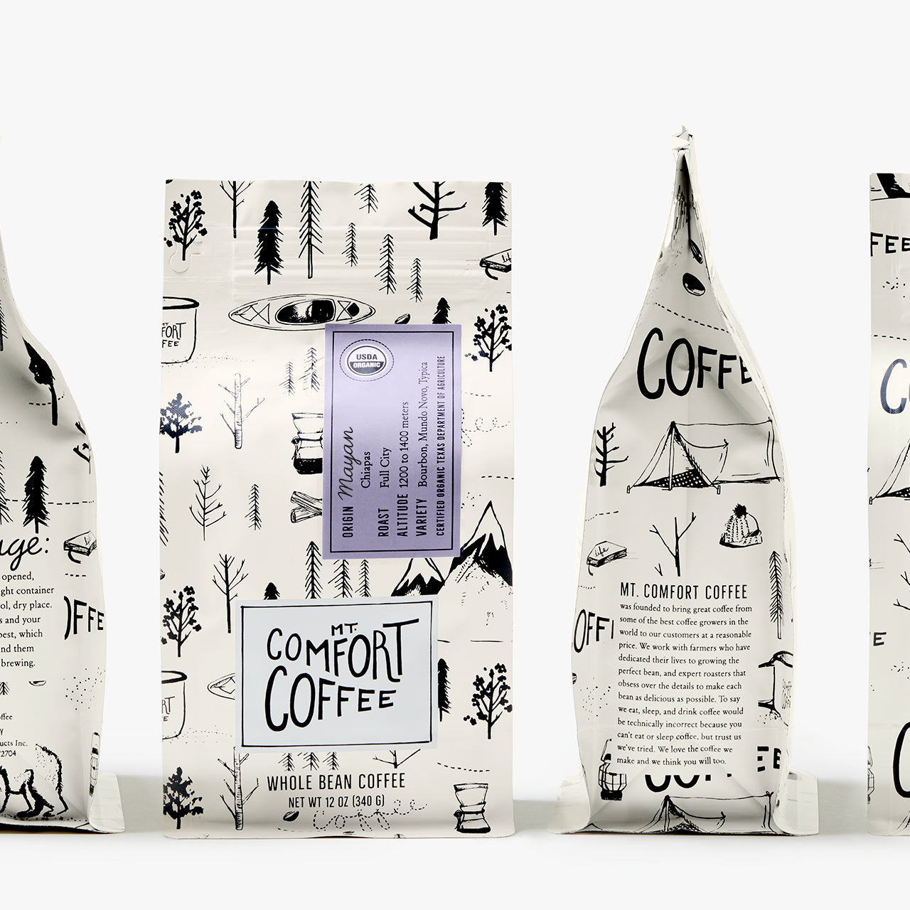 Packaging for Mt Comfort Single Origin Organic Coffee Mayan Full City Roast Whole Bean